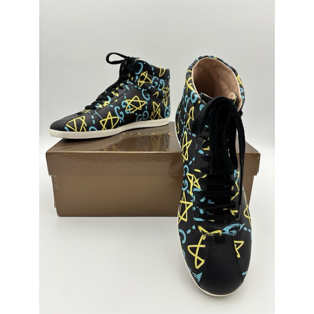 Gucci High Top Sneakers Black Blue Interlocking G Graffiti Mens Size 9